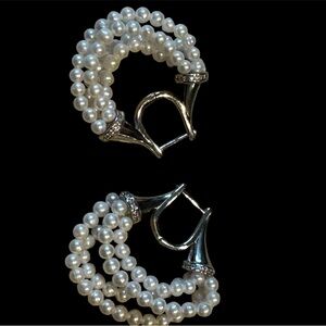 Multi Strand Pearl Hoop Earrings - Sterling silver and fresh water pearls.